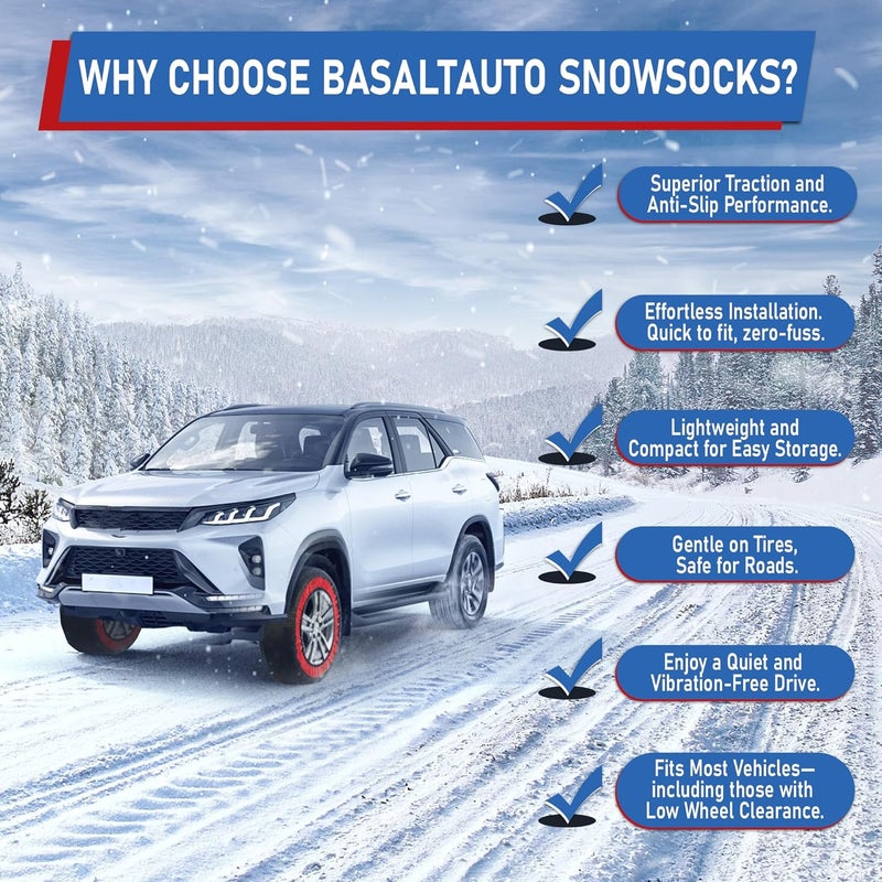 BasaltAuto Automotive Snow Socks for Tire Red XL Textile Snow Chains Fabric Car Chains, 2 Pairs of Gloves, Winter Accessories SUV Trucks Pickup Winter Emergency EN 16662-1:2020 Standard - Image 4